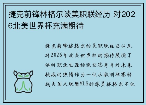 捷克前锋林格尔谈美职联经历 对2026北美世界杯充满期待